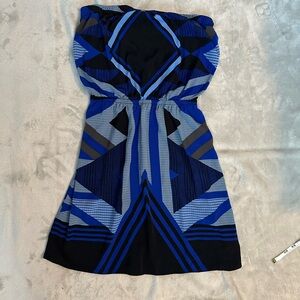 Express in Blue and Black Geometric Patterns Strapless Short Dress